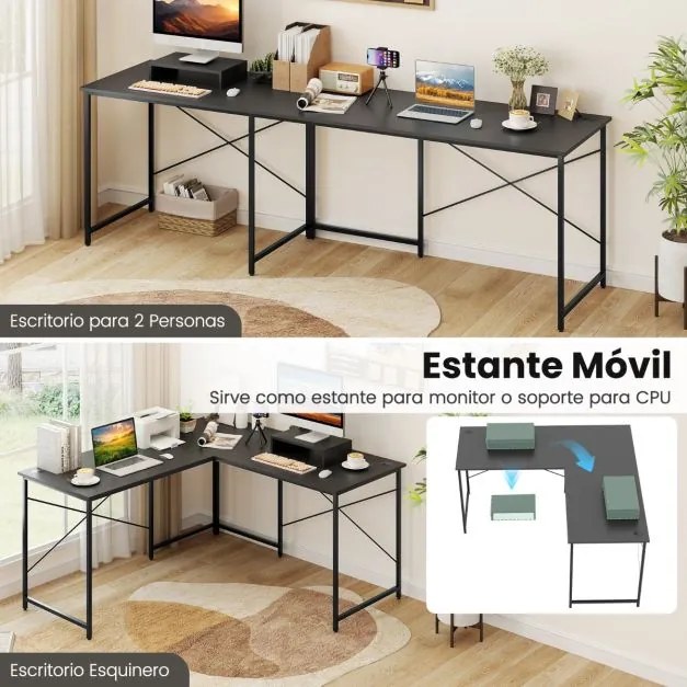 Secretária em forma de L 150 cm reversível com suporte para monitor removível e gestão de cabos para escritório em casa cinzento