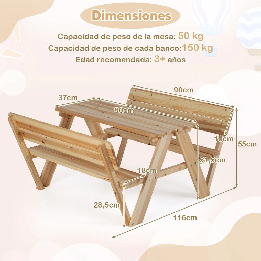Mesa de piquenique para crianças com mesa e cadeira para atividades ao ar livre com 2 bancos incorporados natural
