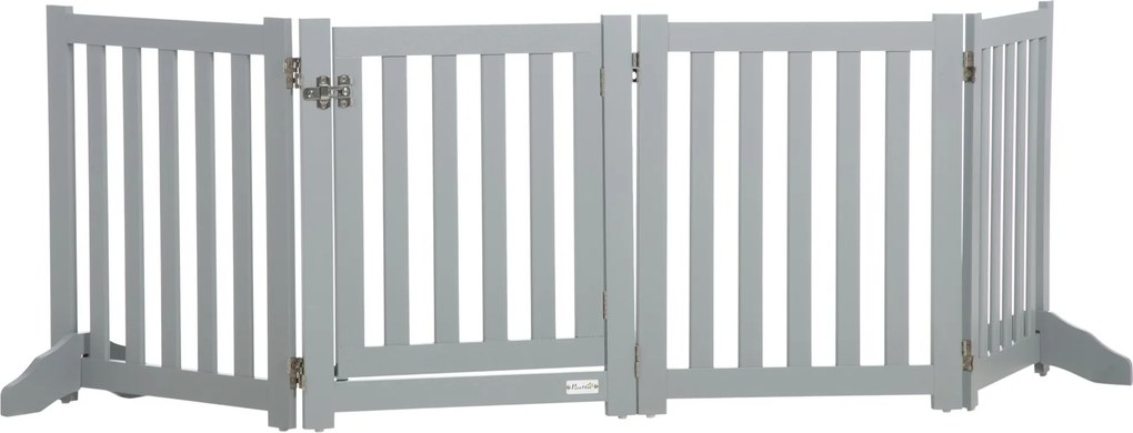 PawHut Barreira de Segurança para Cães Dobrável Dupla Face em Madeira, 4 Painéis com Porta, Pés de Suporte, 205 x 60 cm, Cinza | Aosom Portugal