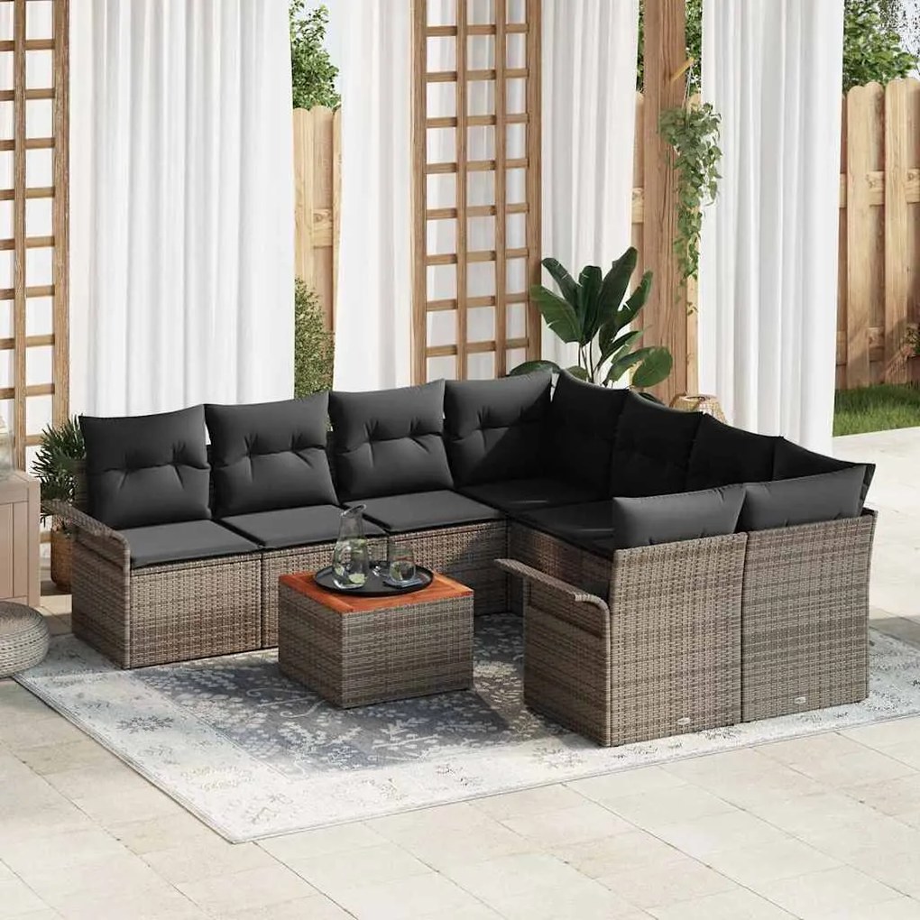 vidaXL Conjunto de sofá de jardim de 9 peças com almofadas em rattan cinza e acácia.