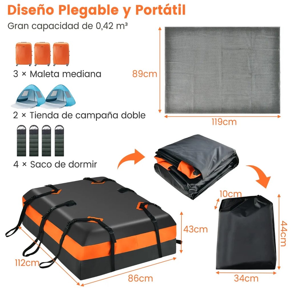 Mala de tejadilho para carro 424L à prova de água com fecho e tapete antiderrapante 112 x 86 x 43 cm Laranja e Preto