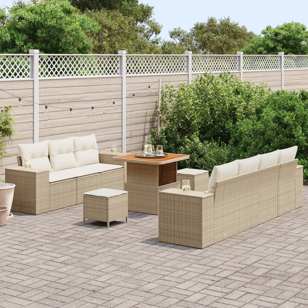 Conjunto de Sofá de Jardim de 10 Peças com Almofadas Bege Rattan Polié