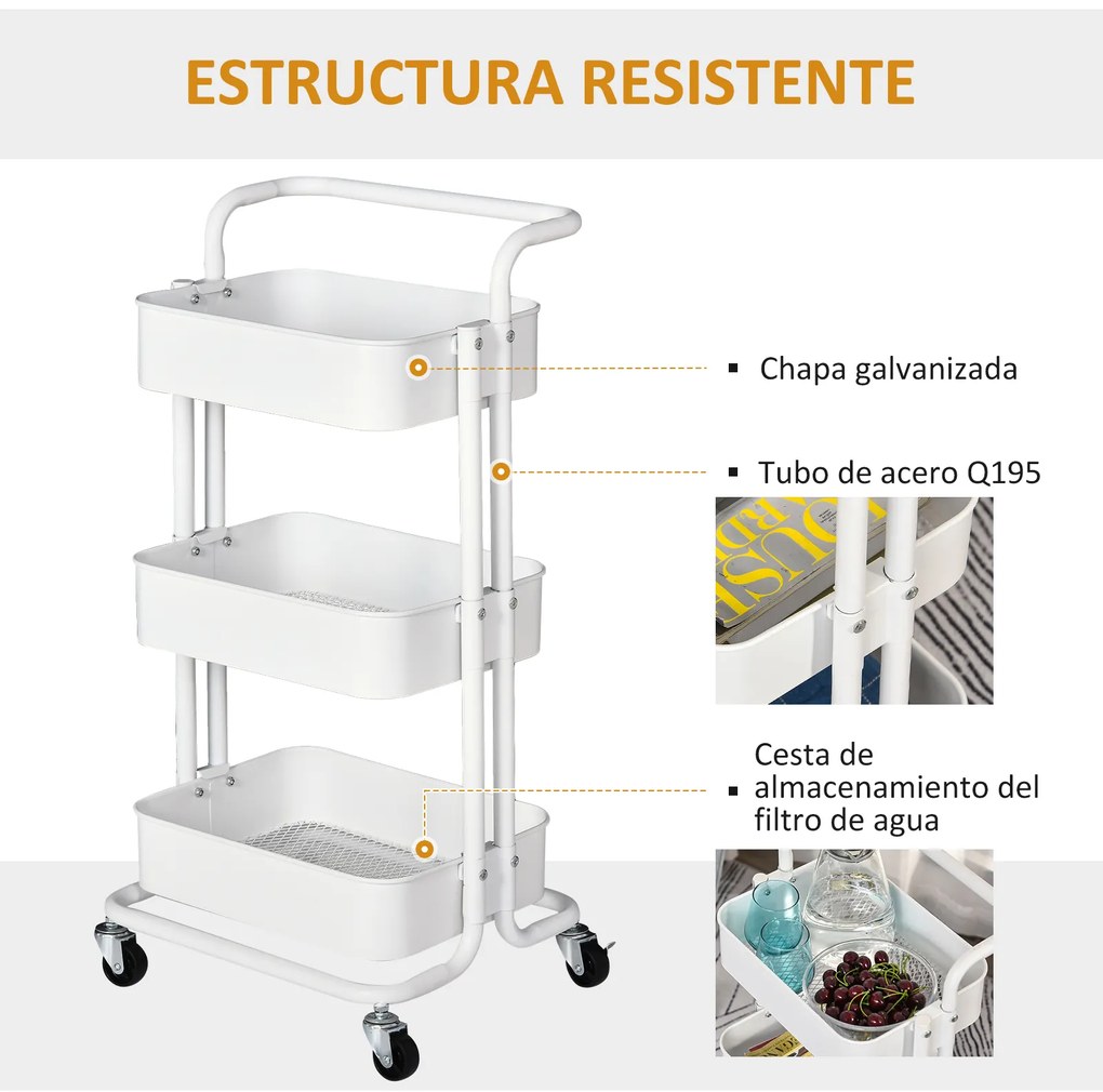 HOMCOM Carrinho Auxiliar de 3 Níveis com Rodas e 3 Prateleiras de Malha Metálica Carga de 20kg Branco 44x36x83cm