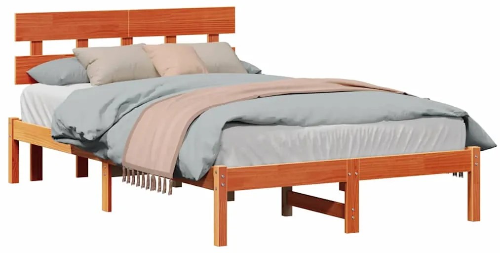 Estrado de Cama com Cabeceira Castanho Encerado 120x200 cm Madeira Sól