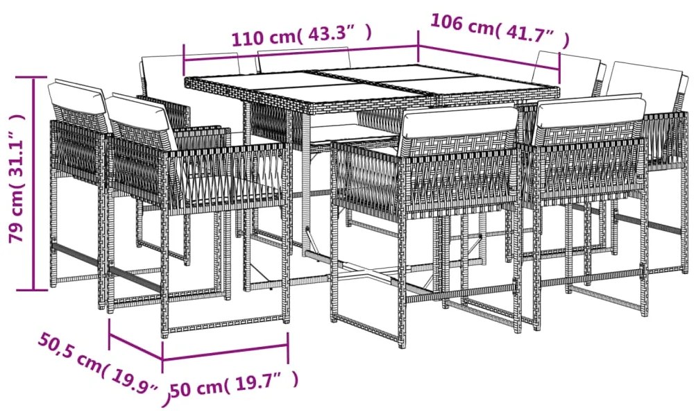 9 pcs conjunto jantar p/ jardim c/ almofadões vime PE castanho