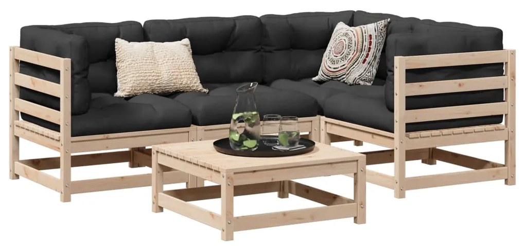 5 pcs conjunto de sofás de jardim com almofadões pinho maciço
