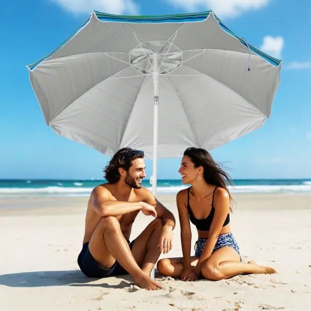 Guarda-sol de praia basculante portátil com suporte para copos e proteção solar UPF50+ para pátio exterior Piscina 2 x 2,2 m Azul+Verde