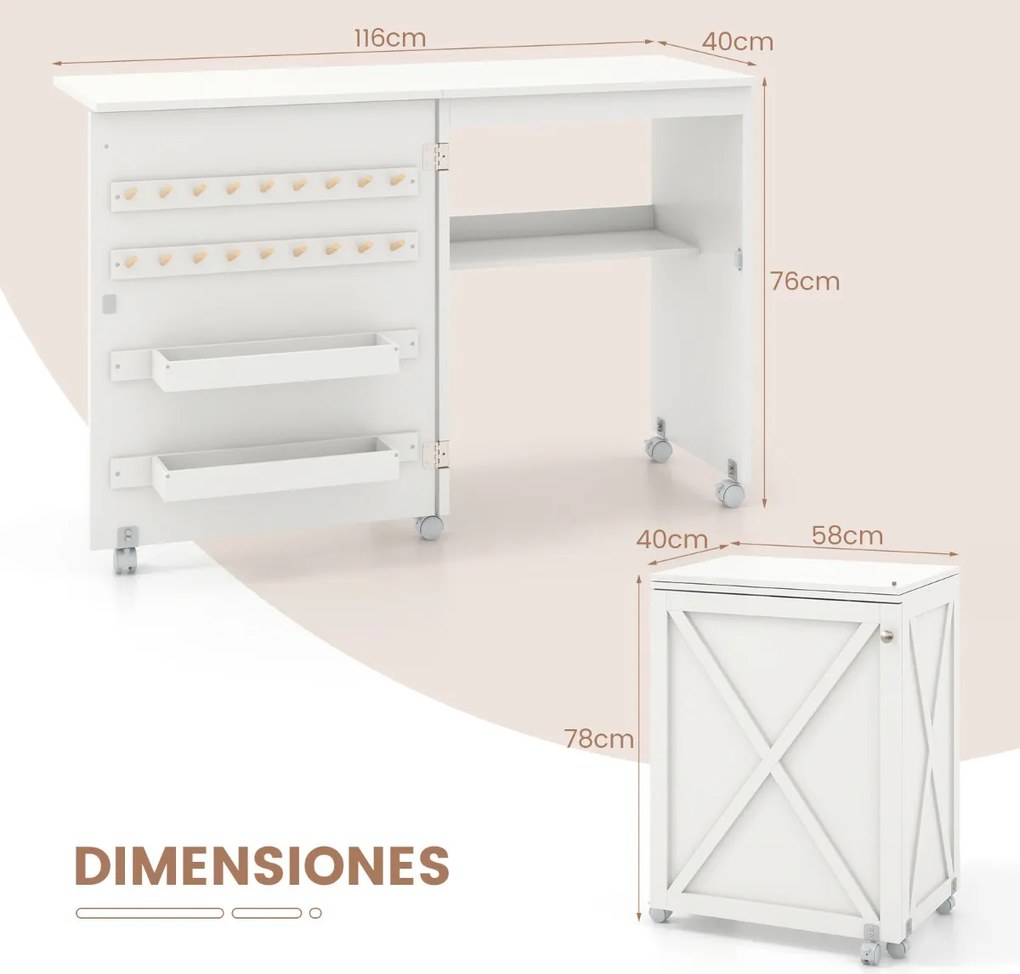 Mesa de Costura Dobrável Multifuncional Estante Compacta 2 Tabuleiros e 18 Pinos Armário de Costura com Porta e 5 Rodas Branco