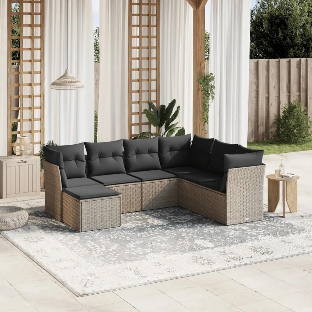 7 pcs conj. sofás jardim com almofadões vime PE cinzento-claro