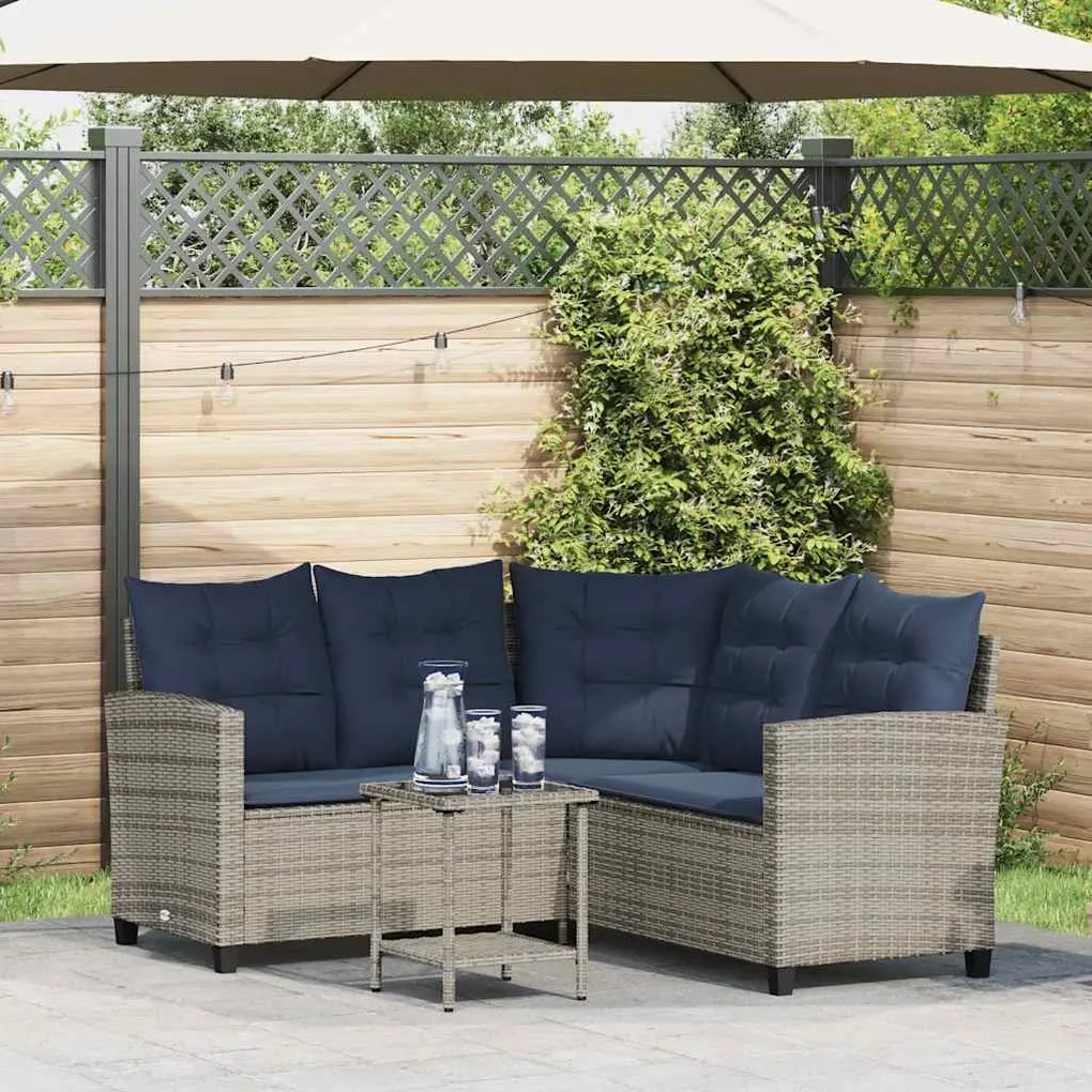 vidaXL Sofá de jardim forma de L c/ mesa e almofadões vime PE cinzento