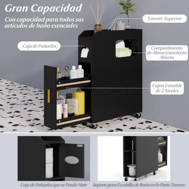Armário de armazenamento 50 cm x 16 cm x 69 cm para casa banho estreito com gaveta deslizante Preto