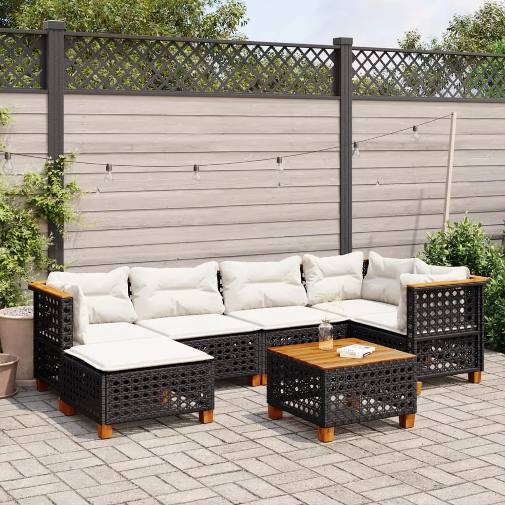 vidaXL 7 pcs conjunto de sofás p/ jardim c/ almofadões vime PE preto