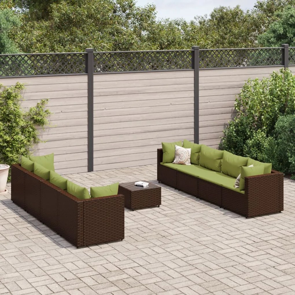 vidaXL 9 pcs conjunto lounge jardim c/ almofadões vime PE castanho
