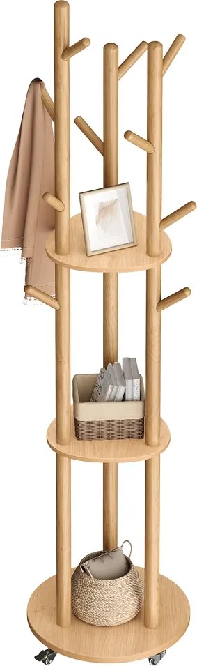 Cabide com 11 ganchos e 3 prateleiras 40 cm (diâmetro), 175 cm (altura), 4 rodas giratórias e amovíveis cor natural