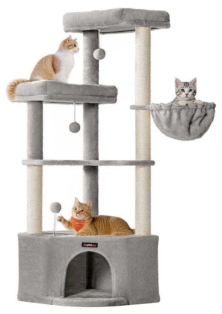 Arranhador para gatos com grande cavidade e várias áreas para brincar e descansar 48,5 x 48,5 x 140,7 cm Cinzento