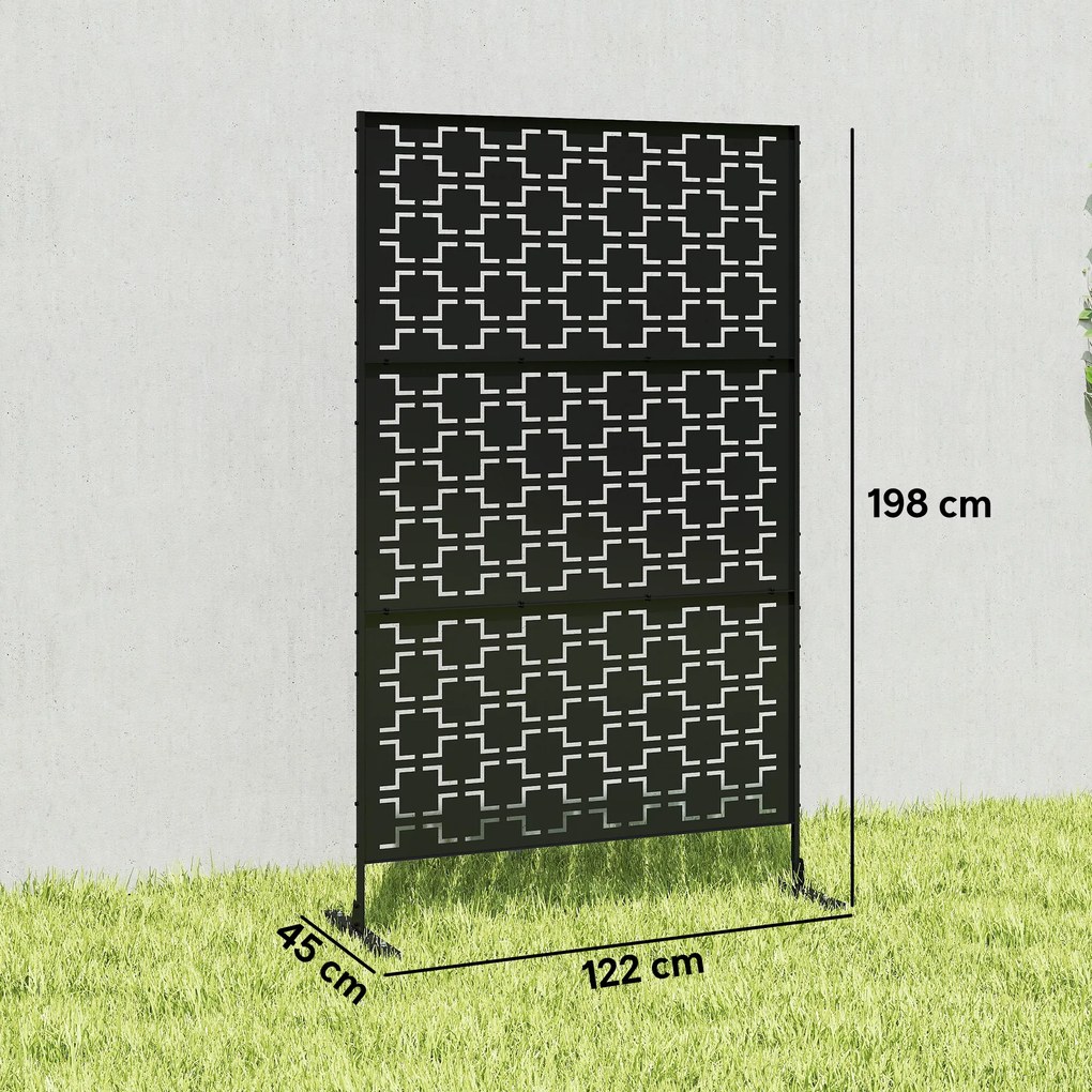 Biombo Corta-Vista Decorativo para Exterior, 122 x 45 x 198 cm, Padrão Geométrico Vazado, Preto