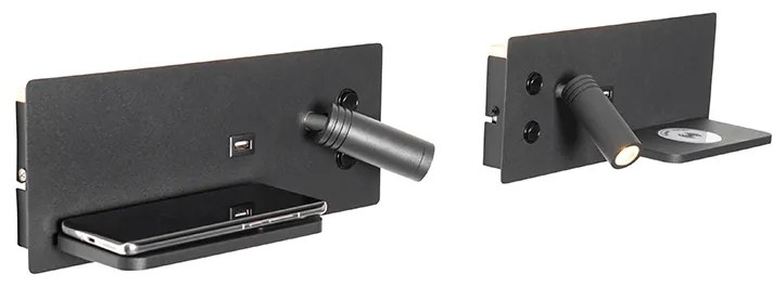 Conjunto de 2 candeeiros de parede pretos com LED, USB e carregador por indução - Riza