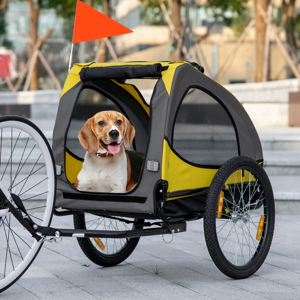 Reboque de bicicleta para cães com janelas em malha, refletores e bandeira de segurança, 140 x 71 x 83 cm, amarelo