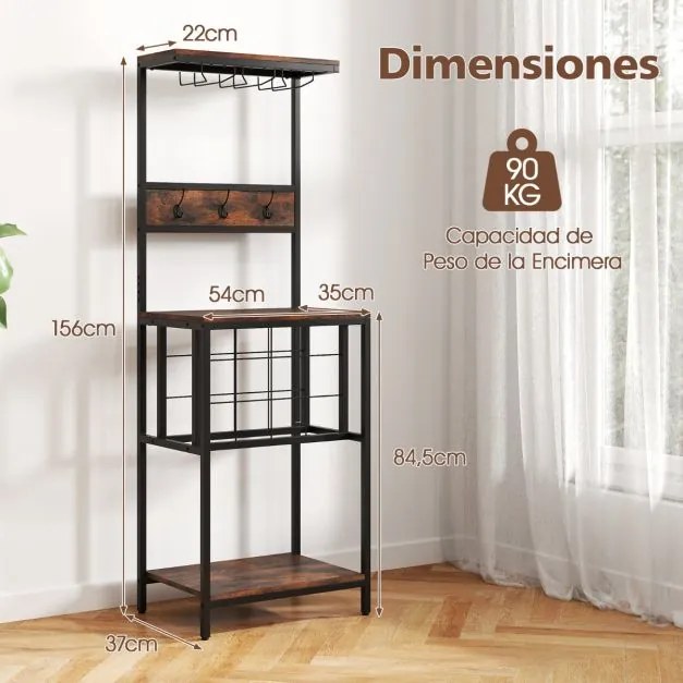 Garrafeira com suporte para copos de vinho, suporte para garrafas e ganchos 54 x 37 x 156 cm Castanho rústico