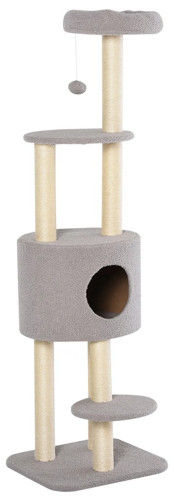 Arranhador para Gatos Altura 148 cm Arranhador para Gatos com Postes de Sisal 3 Plataformas Casa e Bola Suspensa Cinza