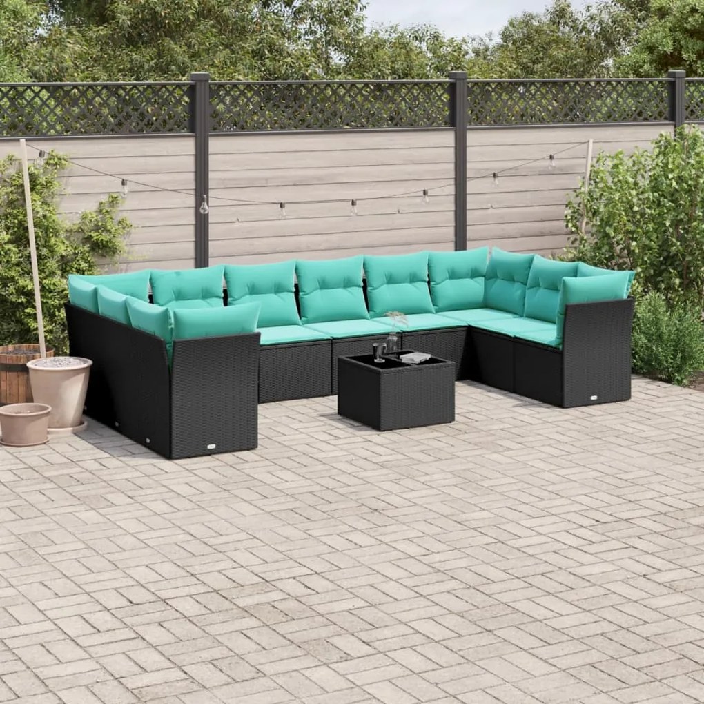 vidaXL 11 pcs conjunto sofás de jardim c/ almofadões vime PE preto