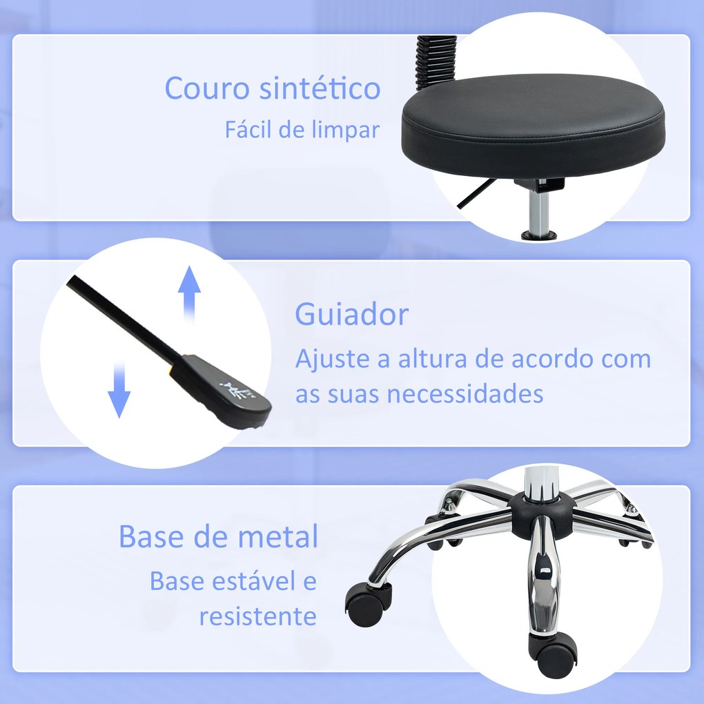 Banco Giratório Banco com Rodas e Encosto Banco de Trabalho com Altura Ajustável 78-93 cm Estofado em Couro Sintético Preto