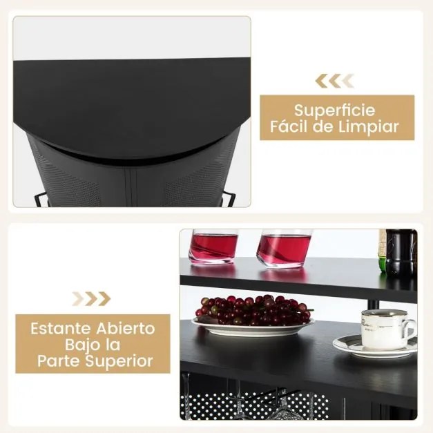 Mesa de bar doméstico com Estantes e 3 Suportes de Vidro Bancada Curva Industrial para Cozinha Sala de Jantar Pub Preto