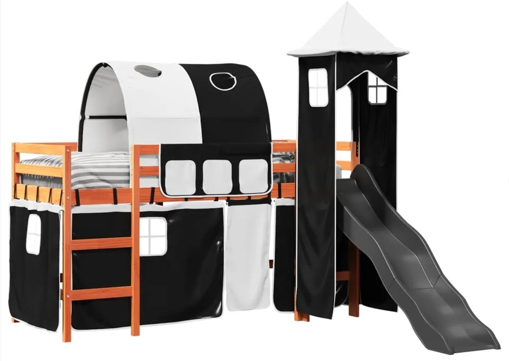 Cama alta criança c/ torre 90x200 cm pinho maciço branco/preto