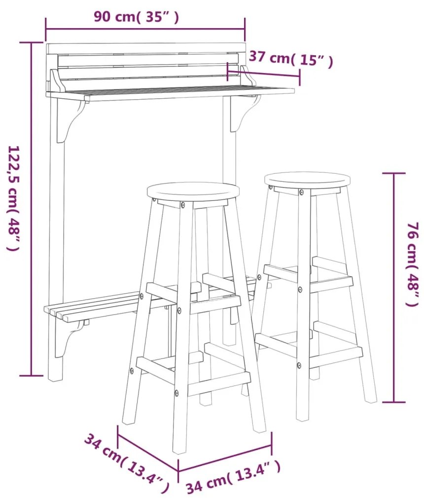 3 pcs conjunto de bar para jardim madeira de acácia maciça