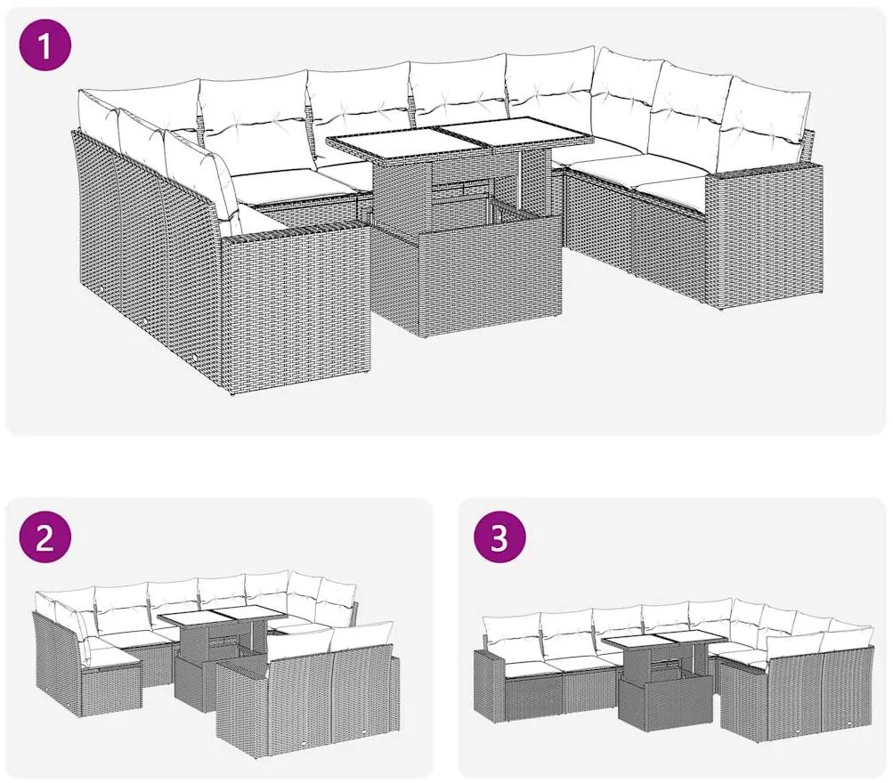 10 pcs conjunto de sofás p/ jardim com almofadões vime PE bege