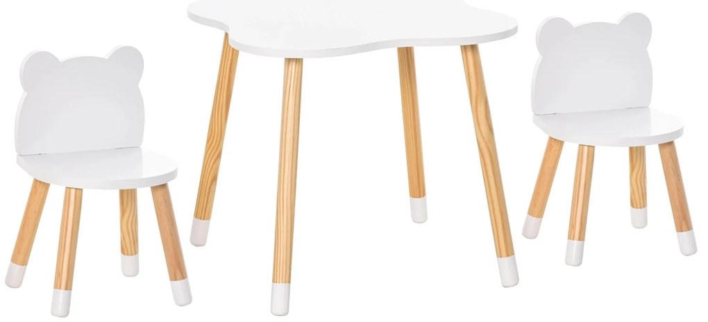 HOMCOM Conjunto Infantil de Mesa e 2 Cadeiras de Madeira Móveis Infantil para Sala de Jogos Dormitório de Crianças Mesa 56x56x50cm e Cadeira 28x25x46cm Branco