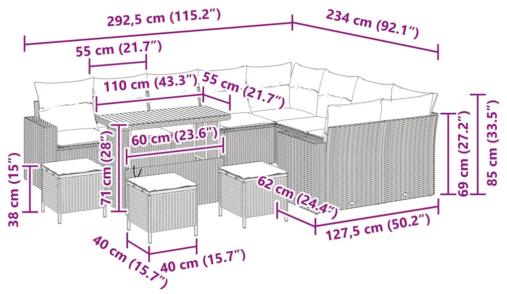 Conjunto de Sofá de Jardim de 13 Peças com Almofadas Rattan Poliéster