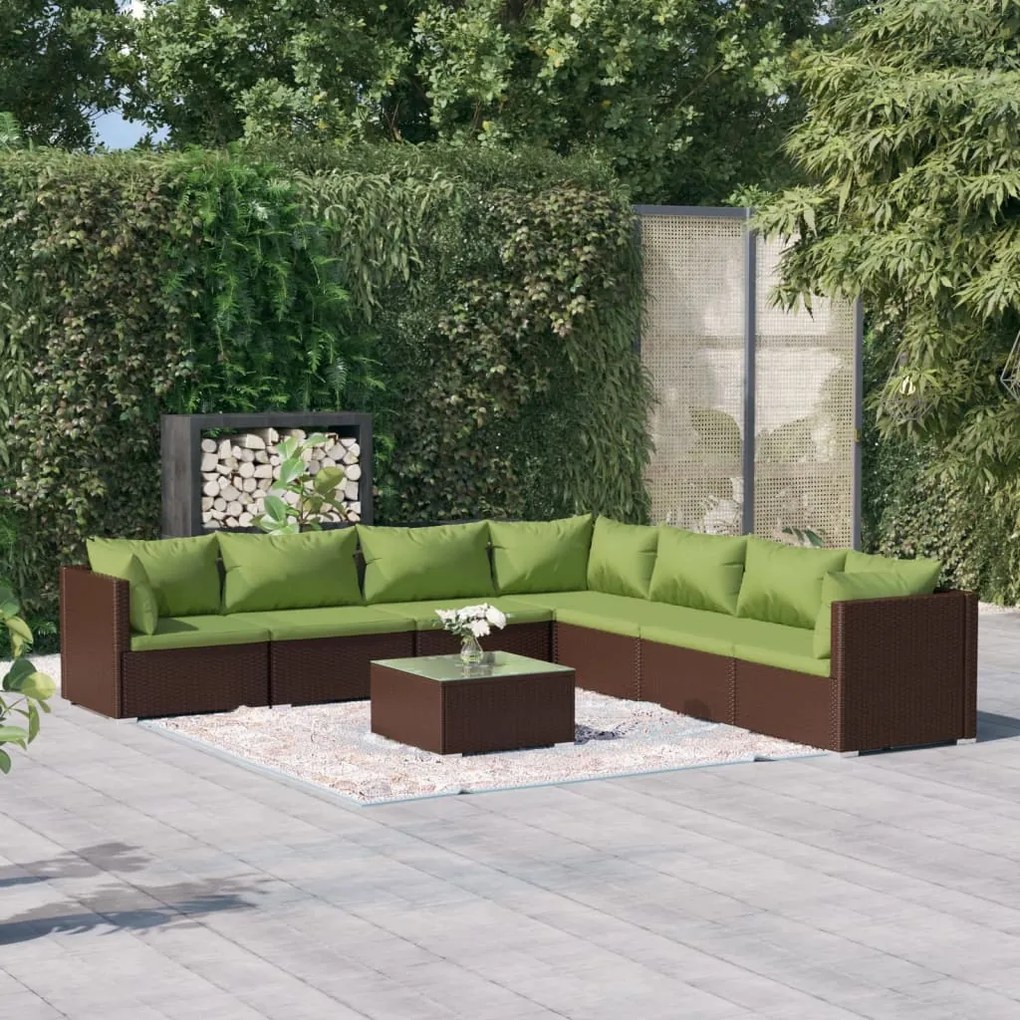 vidaXL 8 pcs conjunto lounge jardim c/ almofadões vime PE castanho