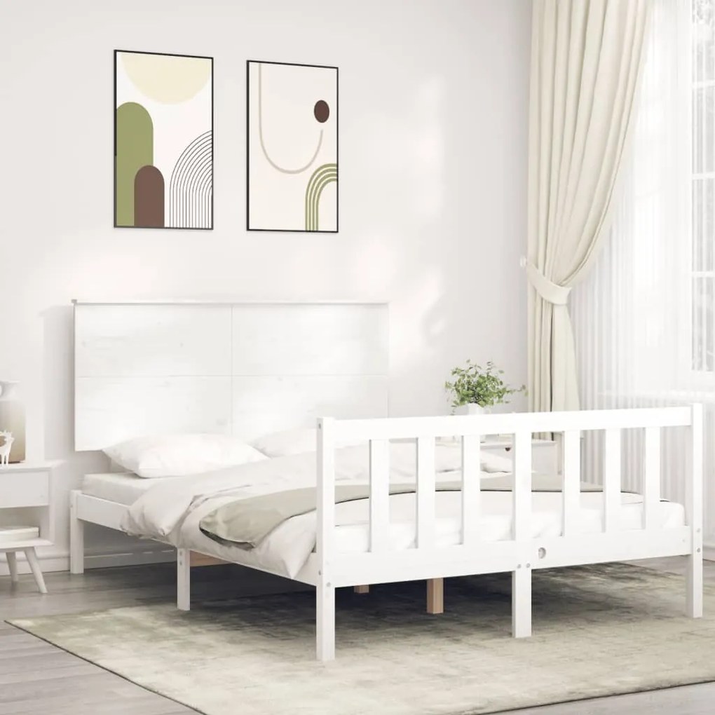 3193382 vidaXL Estrutura de cama com cabeceira 140x190cm madeira maciça branco
