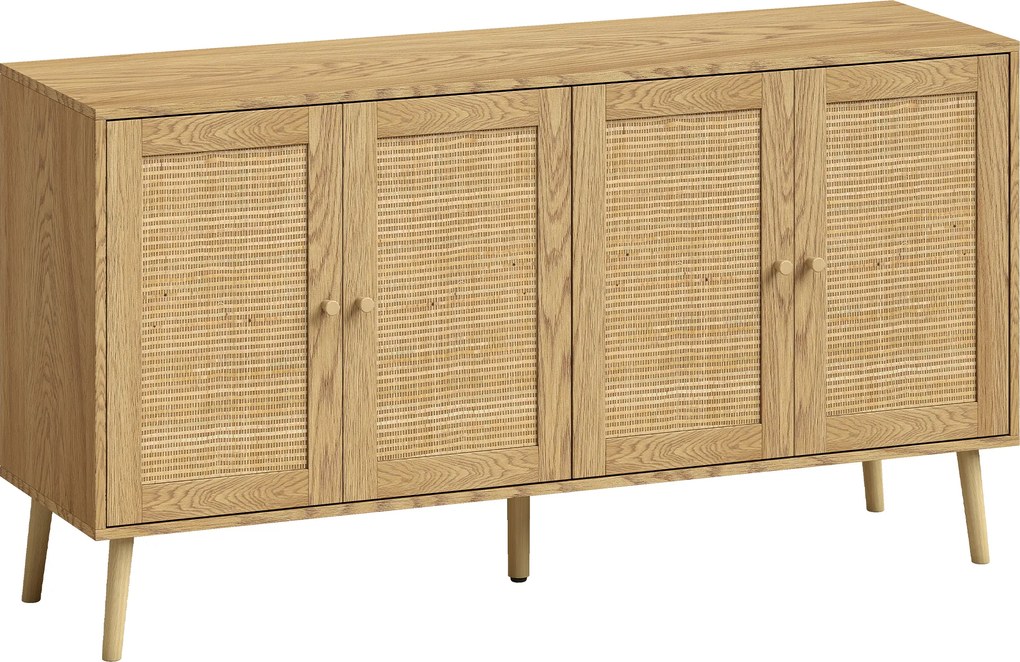 HOMCOM Aparador de rattan com 4 portas, buffet de cozinha boho com 2 prateleiras ajustáveis, acabamento madeira natural | Aosom Portugal
