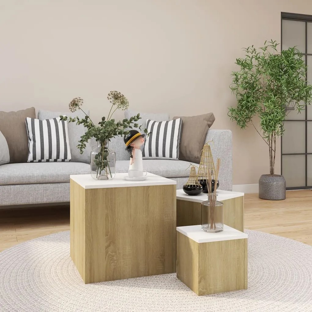 vidaXL Mesas de apoio 3 pcs contraplacado branco/carvalho sonoma