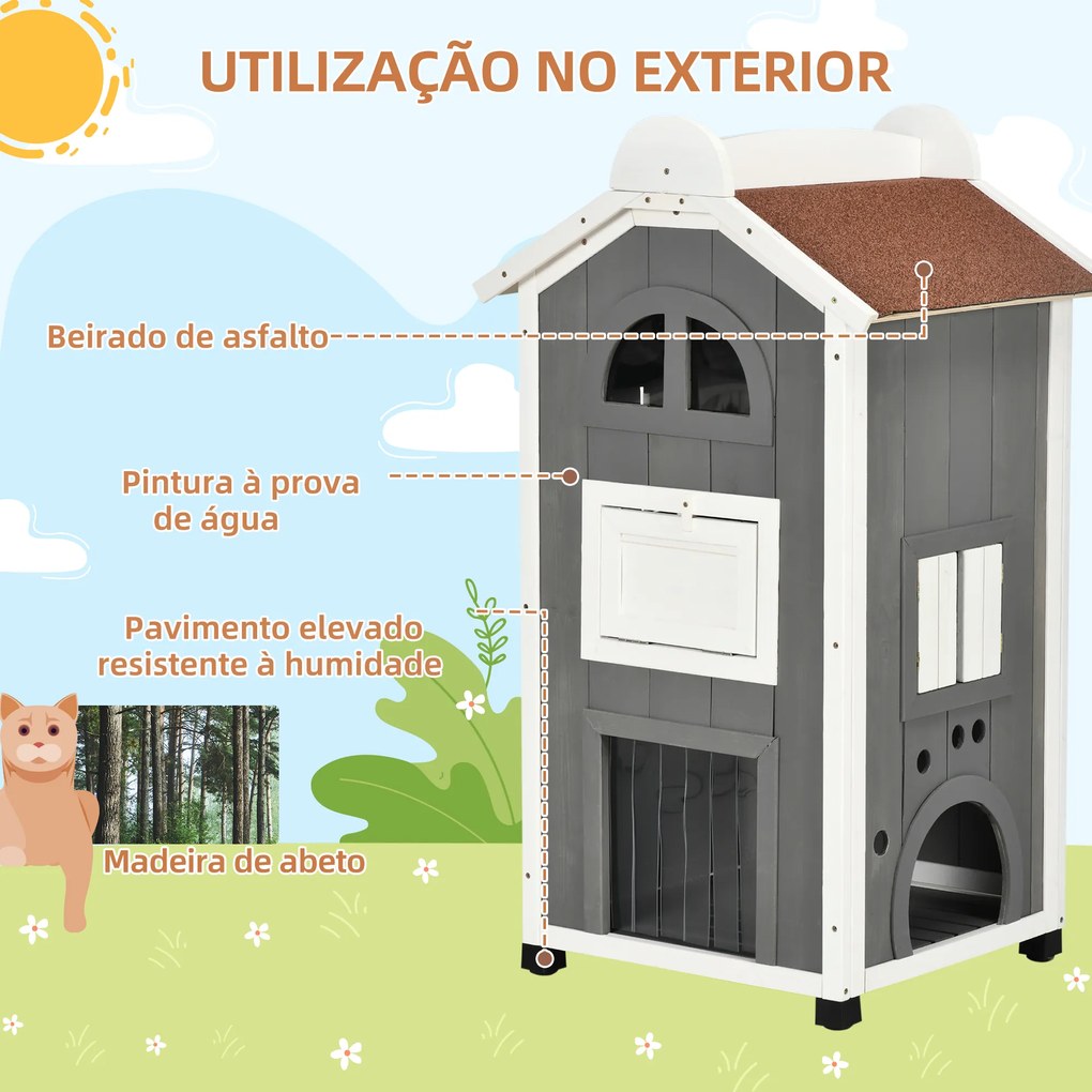 Casa para Gatos de Madeira 59x55x109 cm Abrigo para Gatos de 3 Níveis com Telhado Asfáltico Plataformas Escada e Varanda Cinza