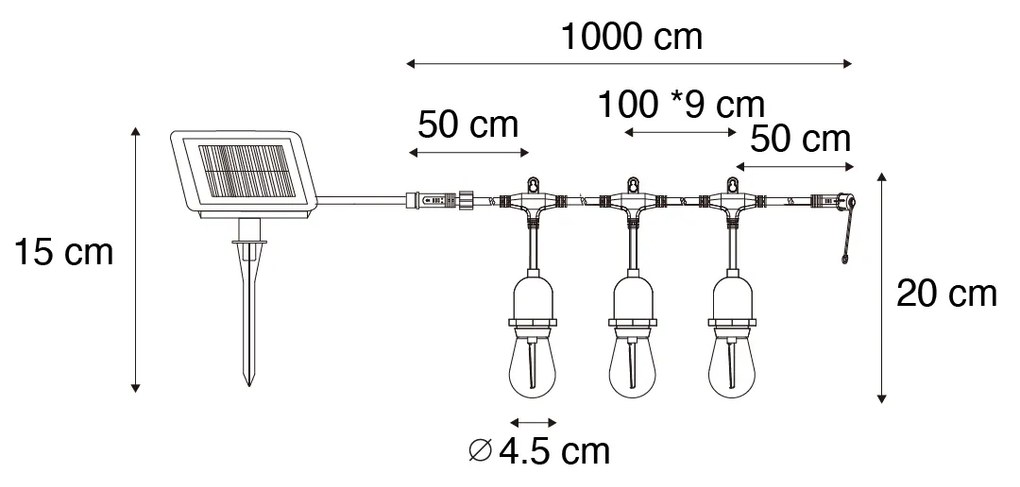 Luzes de corda exteriores 10m com LED 10 luzes solar - Russell Moderno