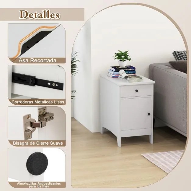Mesa de apoio ou mesa de cabeçeira com estação de carregamento, porta USB e tomadas com gaveta branco