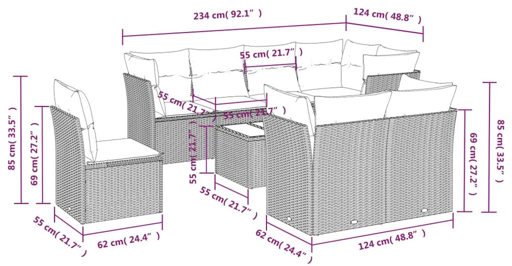 9 pcs conjunto de sofás p/ jardim com almofadões vime PE bege