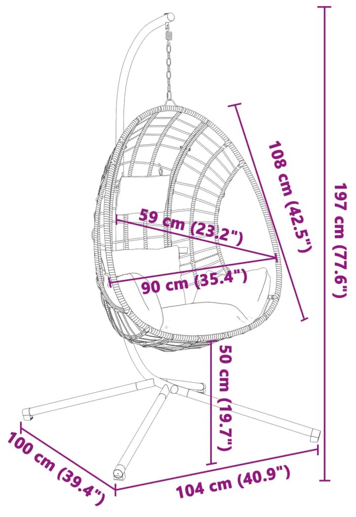 Cadeira em forma de ovo suspensa com suporte vime/aço bege