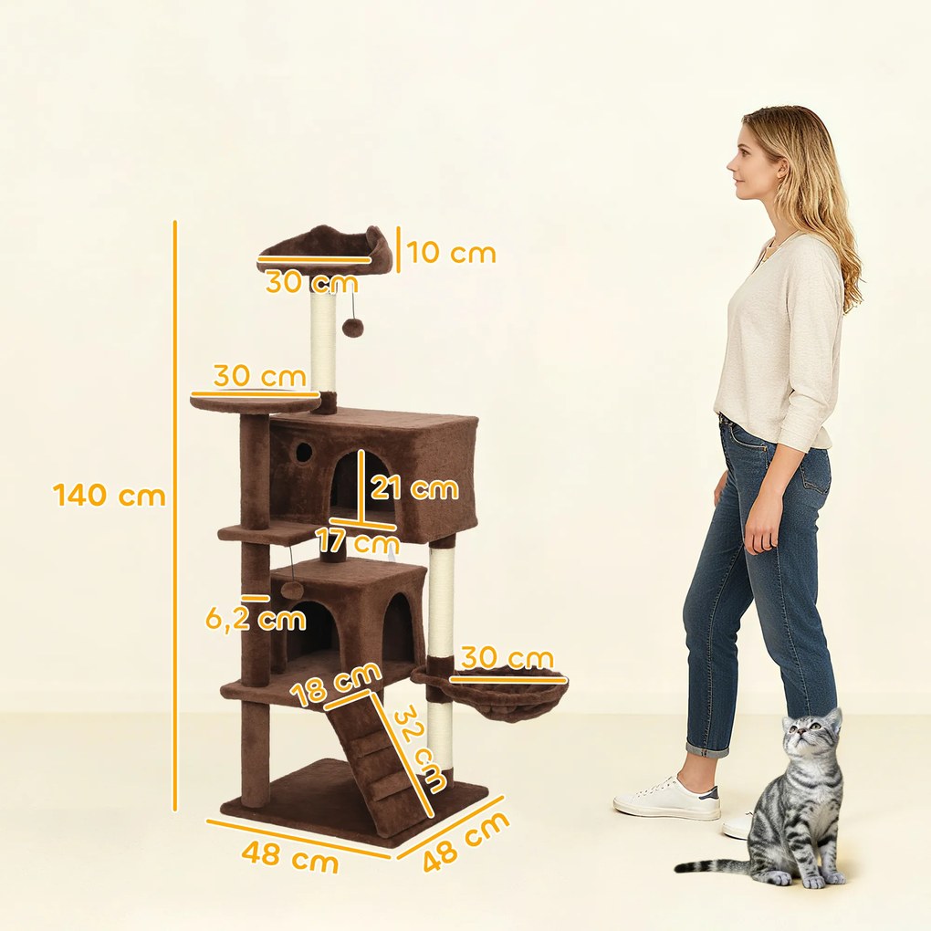 Arranhador para Gatos com Múltiplas Plataformas Cama 2 Cavernas Rede Escada Postes de Sisal 48x48x140 cm Castanho