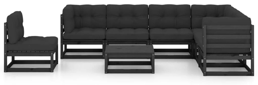 8 pcs conjunto lounge jardim c/ almofadões pinho maciço preto
