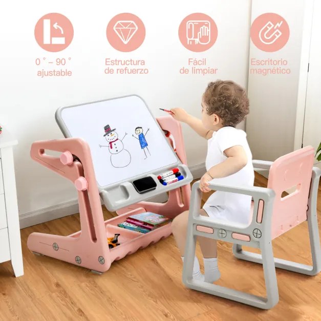 Conjunto de mesa e cadeira infantil de desenho magnético 2 em 1 com grande espaço ajustável em altura e acessórios para desenhar rosa