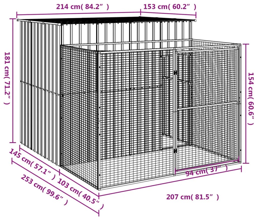 Casota cães c/ parque 214x253x181 cm aço galvaniz. cinza-claro