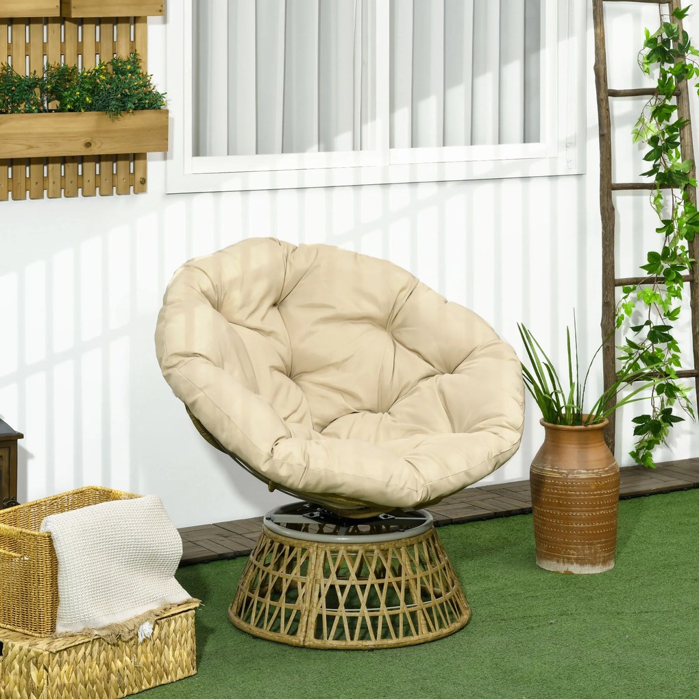 Cadeira Papasan Giratória de Vime Sintético com Almofada Suporta 120 kg para Exterior Jardim Terraço 85x70x82 cm Castanho e Cáqui