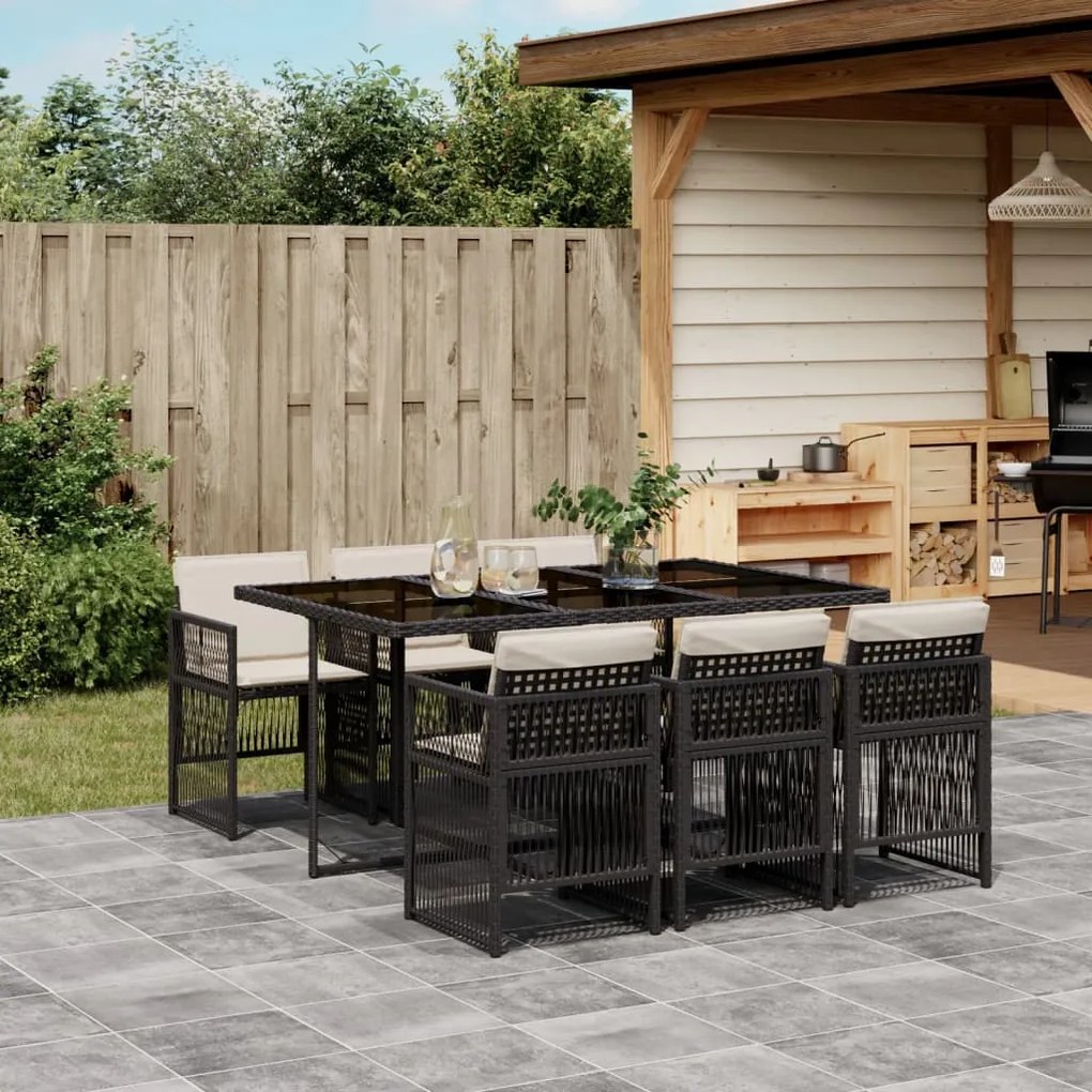 vidaXL 7 pcs conjunto de jantar p/ jardim c/ almofadões vime PE preto