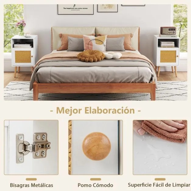 Conjunto 2 Mesas cabeçeira ou mesa Apoio com Estante Aberta e Porta Decorada em Rattan PE para Quarto Sala de Estar 40 x 39 x 70 cm Brancas