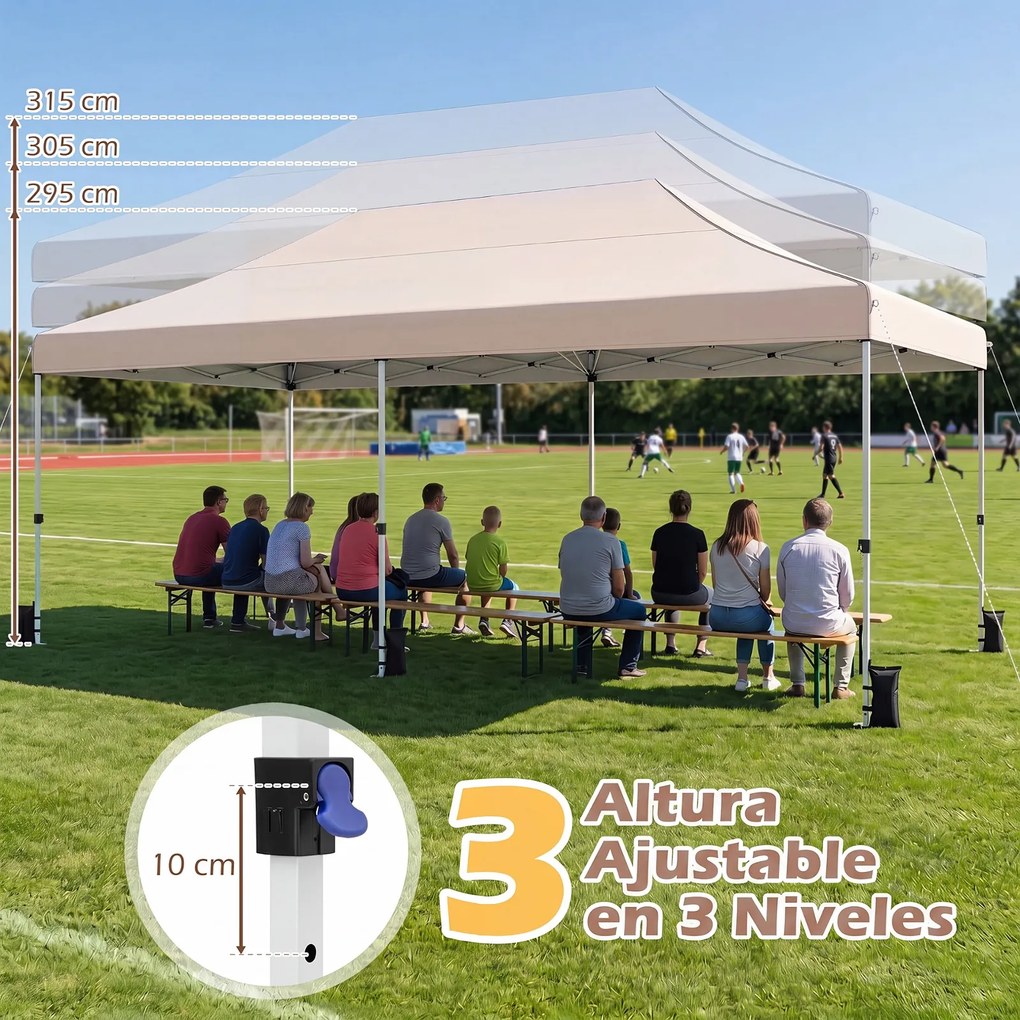 Tenda de Jardim Dobrável com 6 pesos, 600 x 300 x 310 cm, Paredes Laterais Removíveis, Bege
