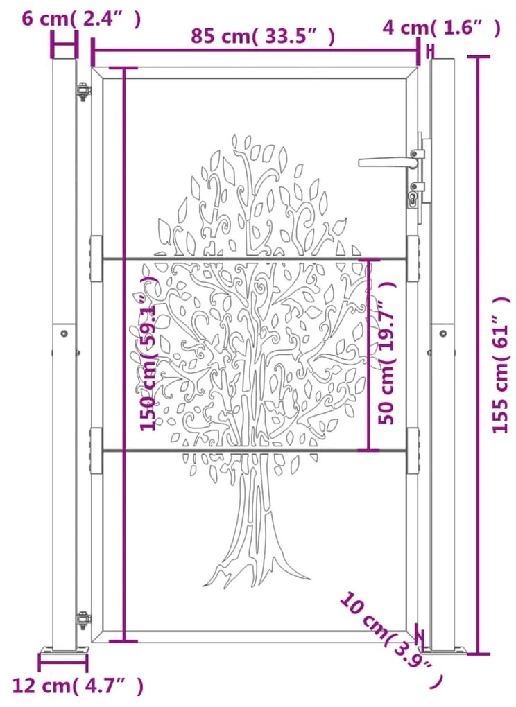 Portão de jardim 105x155 cm aço corten design árvore